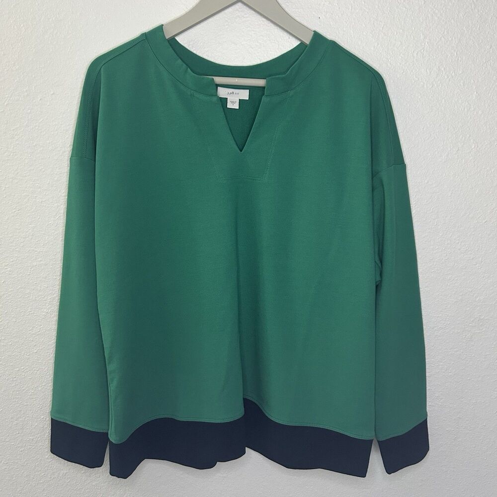 J.‎ Jill FIT Women's VNeck Knit Long Sleeve Top Green Navy Size S preppy minimal